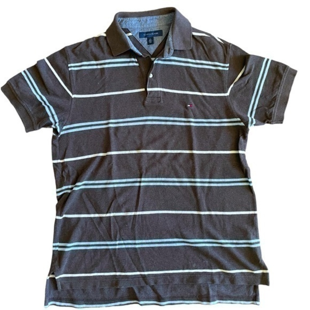 Tommy Hilfiger Mens Polo Shirt Brown Blue Cream Stripes